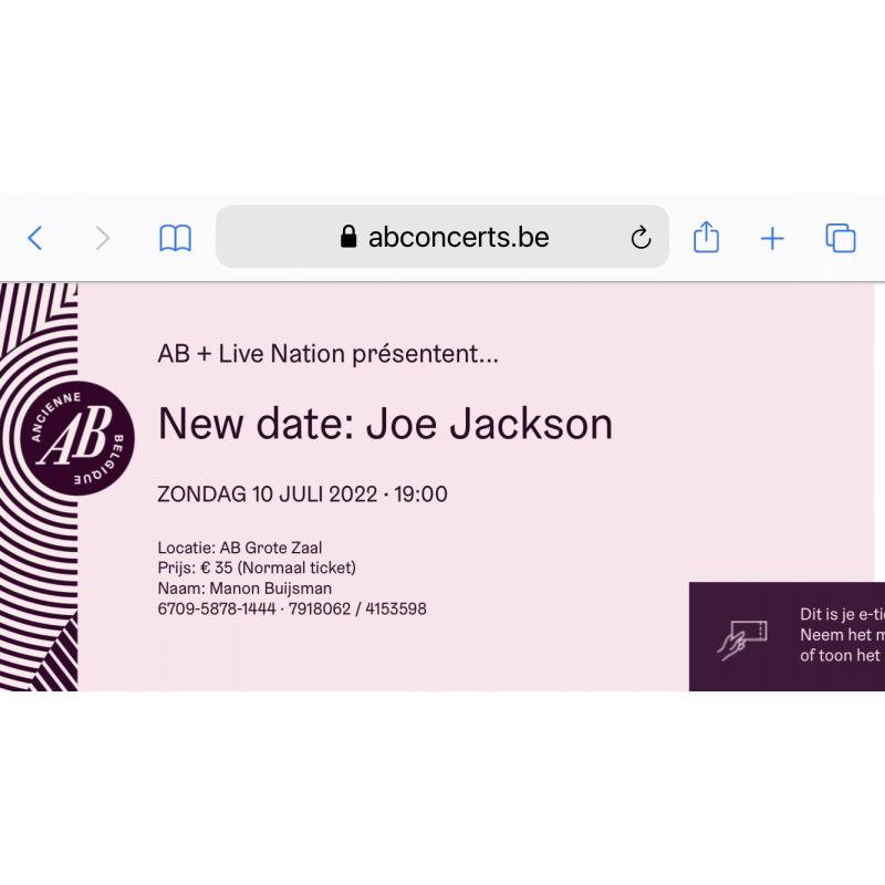 2x ticket Joe Jackson 10 juli Brussel met gratis drankje