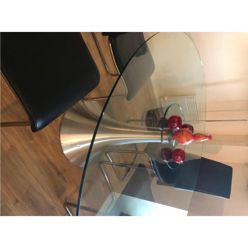 Design glazen eettafel met 4 lederen stoelen!!!