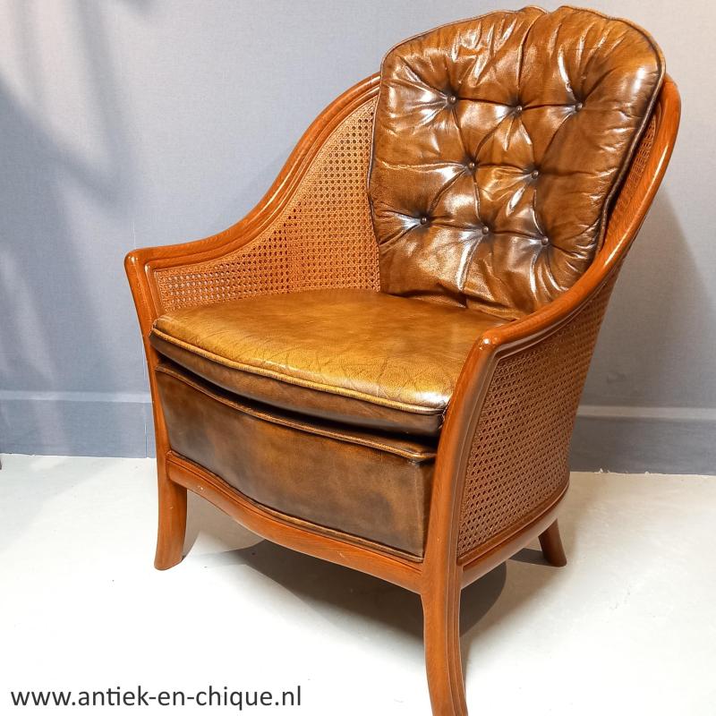Vintage Rotan/leder fauteuil in Giorgetti-stijl jaren ‘80