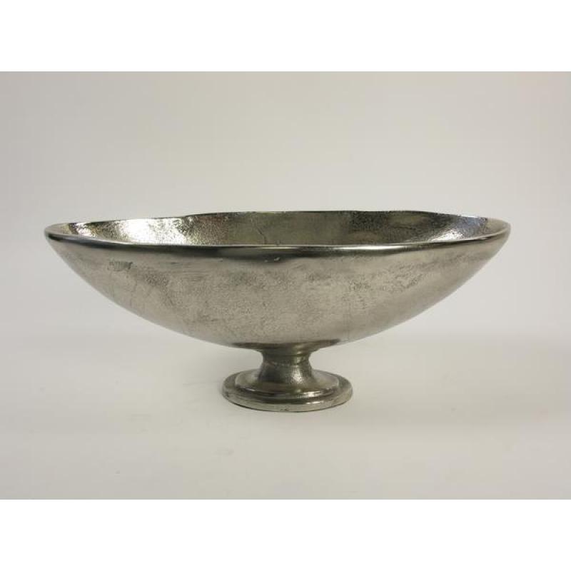 Prachtige, zware, ruw aluminium 'silver' ovalen schaal op voet. 38 x 22 x 15 cm