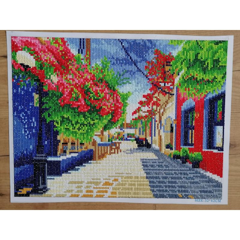 Diamond Painting "Provinciale Dorpsstraat" 42 x 32cm afgewerkt