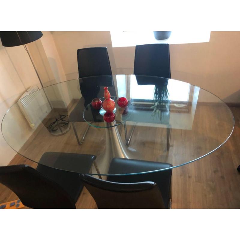 Design glazen eettafel met 4 lederen stoelen!!!