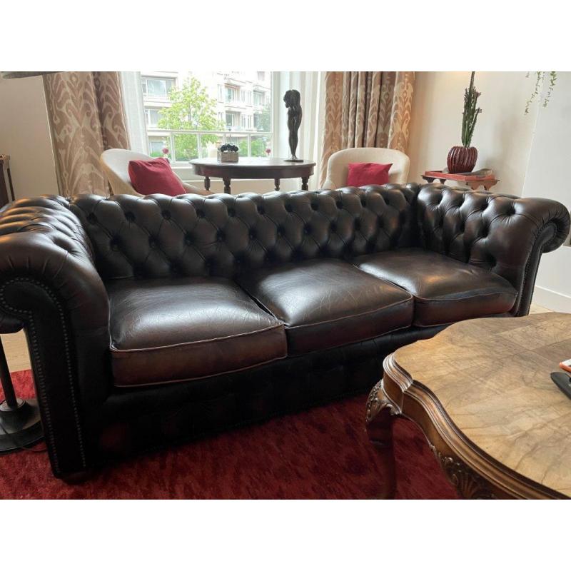 chesterfield bruin leder 2 stuks   voetbank