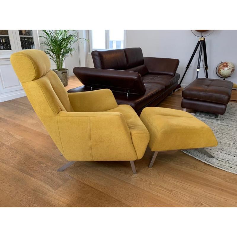 Prachtige design gele Xoon fauteil met poef