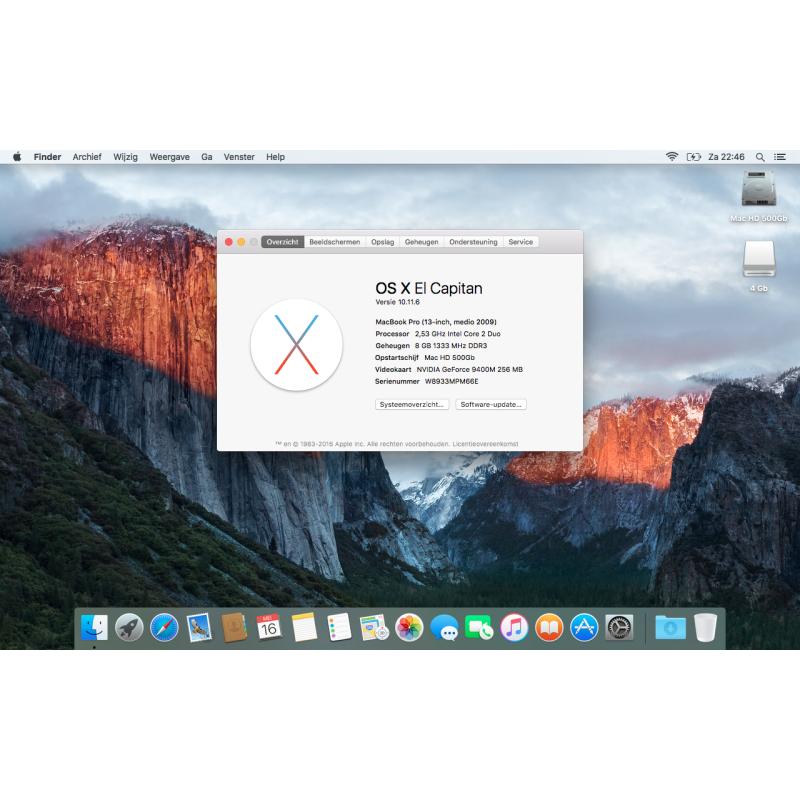 Te Koop een 13 Inch Macbook Pro met 2,53 Ghz met Serienummer W8933MPM66E met draadloos internet en een Stroomadapter met een accu, die vervangen moet worden, inclusief een Mini Iomega Externe Harde Schijf van 500 Gb.