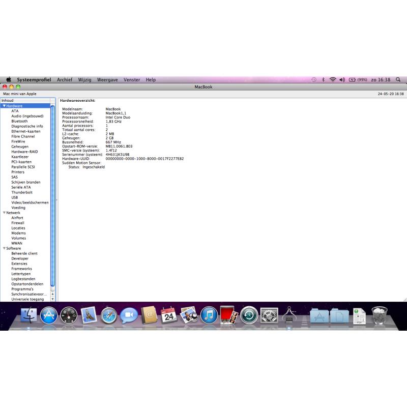 Te Koop 13 Inch Witte Macbook 1.1 met 1,83 Ghz met Serienummer 4H631JK5U9B met draadloos internet en een Stroomadapter en een Nieuwe Accu en een Mini Externe Iomega Harde Schijf met 500 Gb.