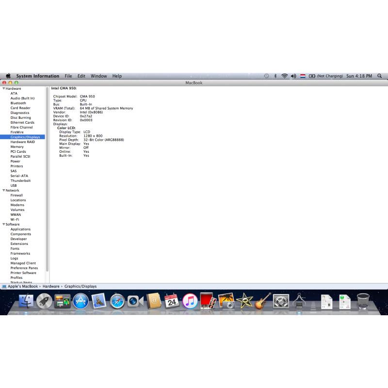 Te Koop een 13 Inch Snelle Zwarte Macbook met 2,16 Ghz met Serienummer W8727625YA4 met draadloos internet en een Stroomadapter en een Goede Accu met 67 Cycl. voor de prijs van € 220.