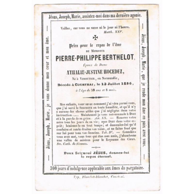 Priez pour. Berthelot Pierre.° Vimoutier 1798 † Coutrai 1856