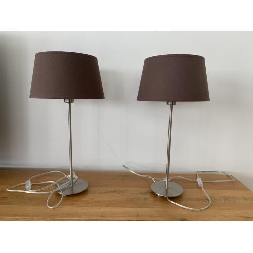 INOX TAFELLAMP MET BRUINE STOFFEN KAP